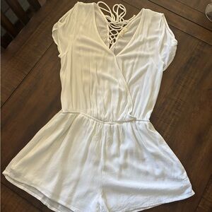 Freebird white cold shoulder lace up back romper